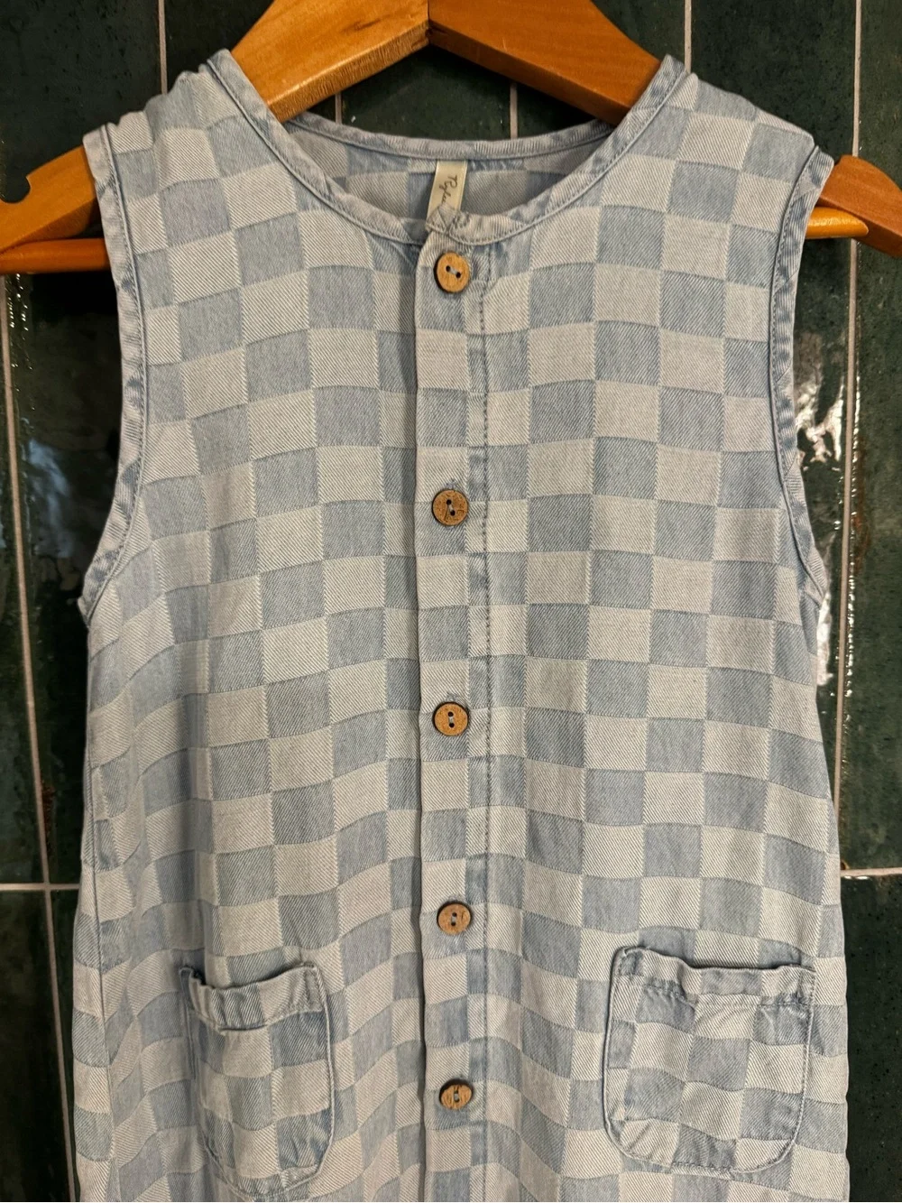 Rylee + Cru Light Blue Checkerboard Sleeveless Romper